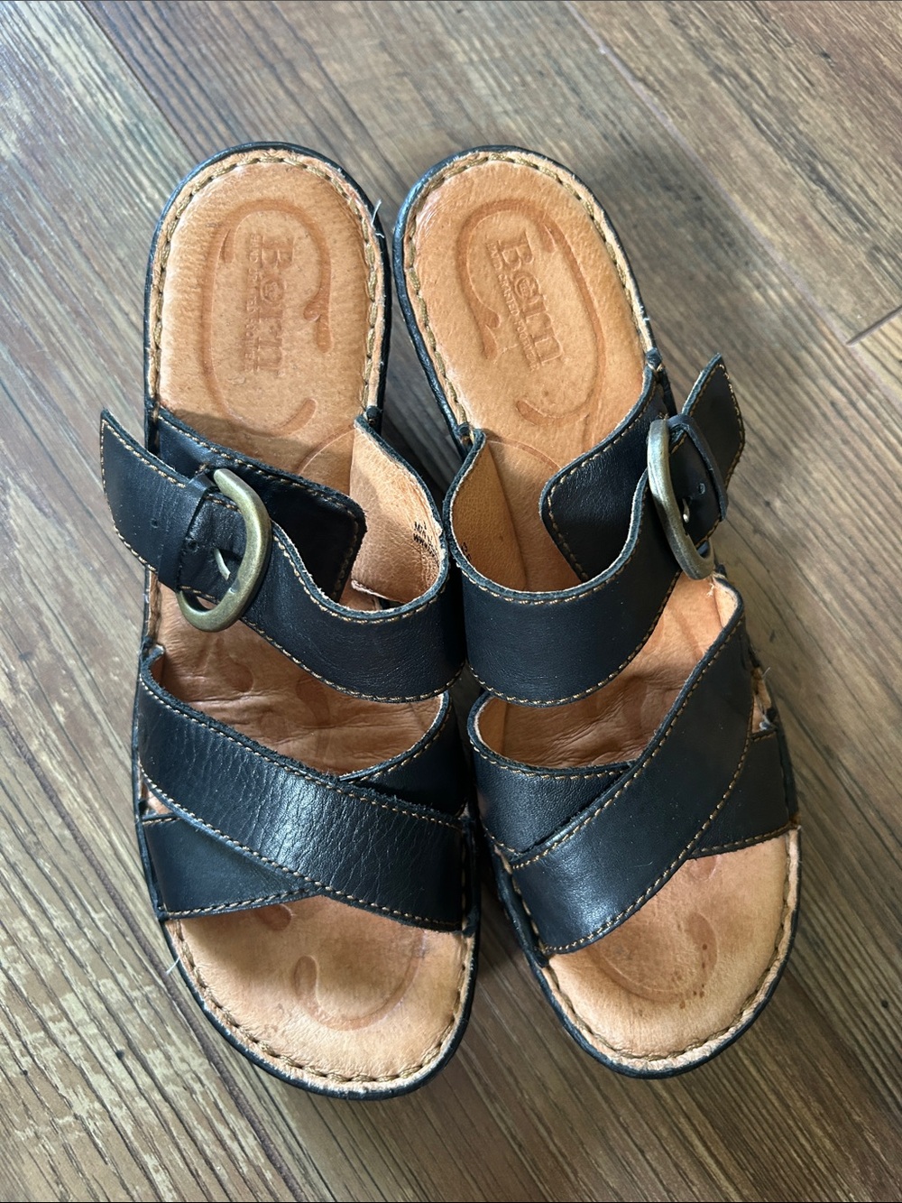 Born Black Leather Buckle Slide Sandals
